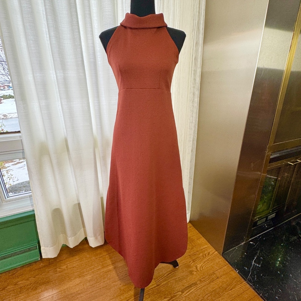 Vintage 70s maxi halter dress, cinnamon brown sleeveless gown, 4 (Small)